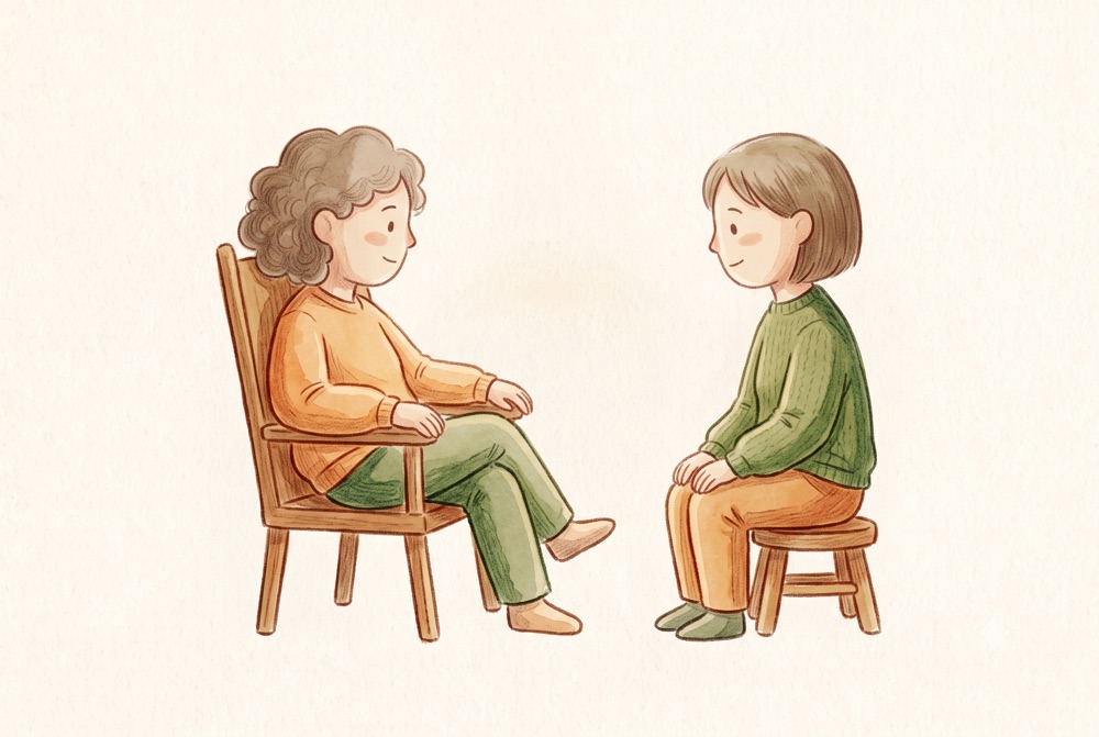 手繪插畫：兩人面對面而坐，一人在高背椅上、一人在矮凳上